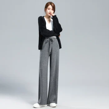 Sıcak satış Kadın %100 % Saf Yün pantolon 2021 Yeni Sonbahar Kış Yumuşak Balmumu Rahat Yüksek Bel Örgü Kadın Kalınlaşmak Geniş Bacak Pantolon 2