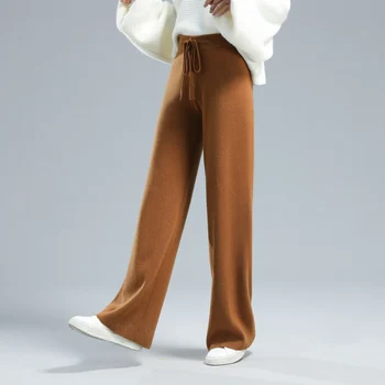 Sıcak satış Kadın %100 % Saf Yün pantolon 2021 Yeni Sonbahar Kış Yumuşak Balmumu Rahat Yüksek Bel Örgü Kadın Kalınlaşmak Geniş Bacak Pantolon 3