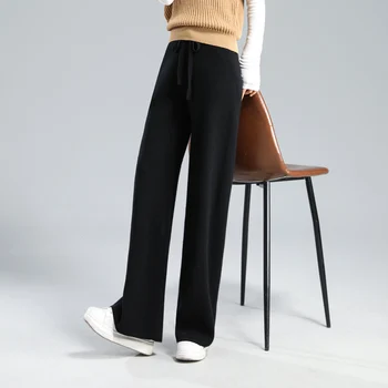 Sıcak satış Kadın %100 % Saf Yün pantolon 2021 Yeni Sonbahar Kış Yumuşak Balmumu Rahat Yüksek Bel Örgü Kadın Kalınlaşmak Geniş Bacak Pantolon 4