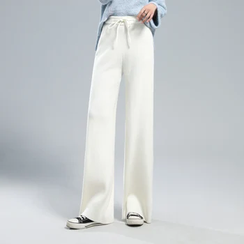 Sıcak satış Kadın %100 % Saf Yün pantolon 2021 Yeni Sonbahar Kış Yumuşak Balmumu Rahat Yüksek Bel Örgü Kadın Kalınlaşmak Geniş Bacak Pantolon 5