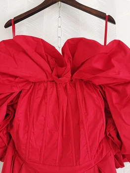 AELESEEN Kadın Parti Elbise Pist Moda Katı Kırmızı Siyah Puf Kollu Trapless Ruffles Splited Zarif Uzun Tatil