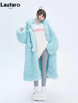 Lautaro Kış Uzun Büyük Boy Rahat Kalın Sıcak Mavi Kalın Sıcak Bulanık Kabarık Taklit Kürk Kapüşonlu Kadın Fermuar Moda 2023