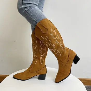 2022 Kadın Batı Kovboy çizmeleri Sivri kadın ayakkabısı Baskı Orta Buzağı Çizmeler Kış Tıknaz Topuk Takozlar Şövalye Botas Feminina 0