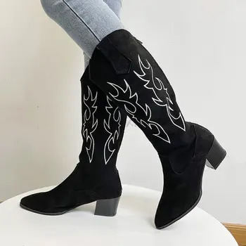 2022 Kadın Batı Kovboy çizmeleri Sivri kadın ayakkabısı Baskı Orta Buzağı Çizmeler Kış Tıknaz Topuk Takozlar Şövalye Botas Feminina 1