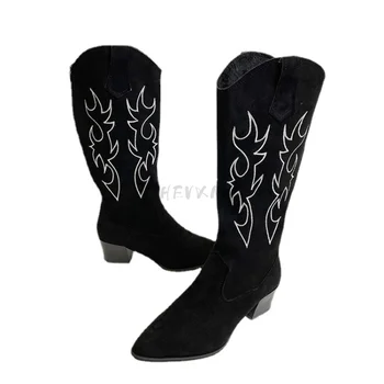 2022 Kadın Batı Kovboy çizmeleri Sivri kadın ayakkabısı Baskı Orta Buzağı Çizmeler Kış Tıknaz Topuk Takozlar Şövalye Botas Feminina 3