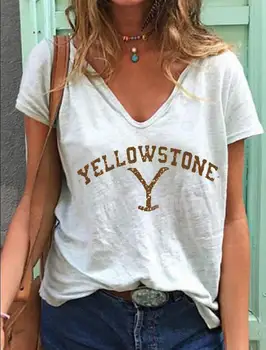 Yeni Yellowstone 3D baskılı tişört Kadın T Shirt Gevşek Kısa Kollu V Yaka Streetwear Tees Harajuku Kadın Vintage Yaz Üstleri