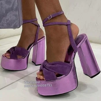 Moraima Snc Yay Düğüm Mor platform sandaletler Süet Yuvarlak Ayak Ayak Bileği Toka Askı Tıknaz yüksek topuklu sandalet Kadın Ayakkabı Topuklu 0