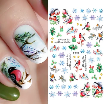Kış Noel Tırnak Sticker Kar Tanesi Saksağan Kuş 3D Kaymak Yaprak Cadılar Bayramı Yeni Yıl Tasarım Süslemeleri Manikür SAF795-801