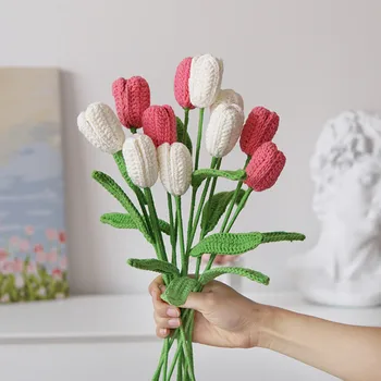 10 adet Bitmiş El Yapımı El örgü İpliği Tığ Lale yapay çiçekler Buket doğum günü hediyesi Düğün Ev Dekor