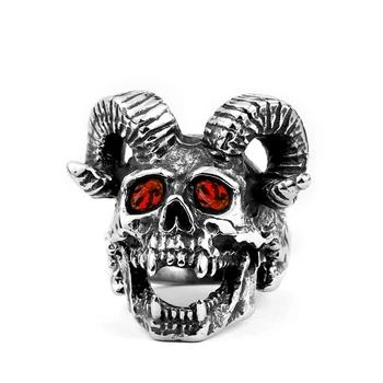 Vintage Şeytan Koyun Kafa Kafatası Yüzük Erkekler için Yaratıcı Kişilik Kırmızı Gözler Kafatası Yüzük Abartılı Punk Yüzük Takı Hediye Boyutu 7-12 2