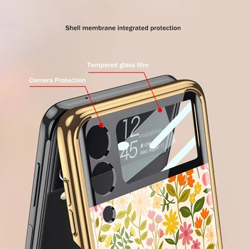 Samsung kılıfı Galaxy Z Flip 3 Telefon Kapak Çiçek Temperli Cam Elektroliz Çerçeve Sert Kapak için Galaxy Z Flip3 5G