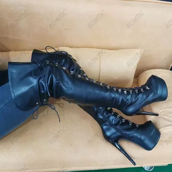 Rontıc El Yapımı Kadın Kış Diz Üzerinde Çizmeler Sert Mat Ultra Yüksek Topuklu Yuvarlak Ayak Zarif Siyah parti ayakkabıları ABD Boyutu 5-20 2