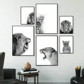 Aslan ve Dişi Aslan Hayvan Tuval Baskı Siyah Beyaz Soyut Suluboya Resim Posteri Kreş Duvar Sanatı Resimleri Oturma Odası Dekor
