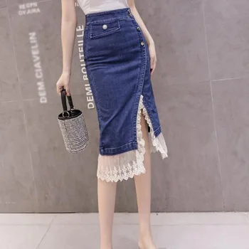 Kore Moda Uzun Kot Etek Fırfır Dantel Yüksek Bel Kot Maxi Etekler Trompet Streetwear Bodycon Slim Fit Kot Etekler 0