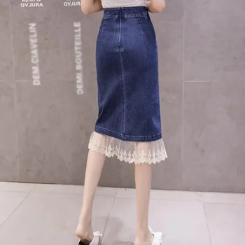 Kore Moda Uzun Kot Etek Fırfır Dantel Yüksek Bel Kot Maxi Etekler Trompet Streetwear Bodycon Slim Fit Kot Etekler 1