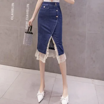 Kore Moda Uzun Kot Etek Fırfır Dantel Yüksek Bel Kot Maxi Etekler Trompet Streetwear Bodycon Slim Fit Kot Etekler 2