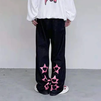 Dört Mevsim Retro Kot erkek Marka Giyim Nakış Harajuku Gevşek Düz Rahat Geniş Bacak Pantolon Streetwear Ins Sıcak Satış