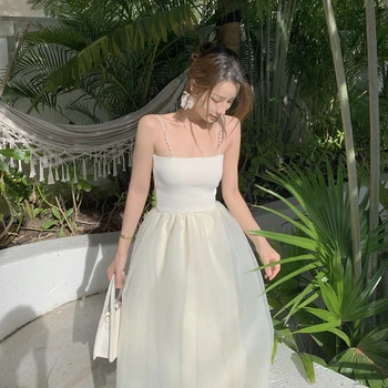 Yeni varış moda kore yaz midi parti elbise kadınlar zarif şifon seksi askı backless beyaz basit plaj tatil elbisesi