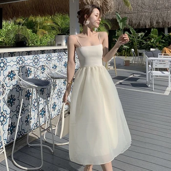 Yeni varış moda kore yaz midi parti elbise kadınlar zarif şifon seksi askı backless beyaz basit plaj tatil elbisesi 1