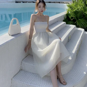 Yeni varış moda kore yaz midi parti elbise kadınlar zarif şifon seksi askı backless beyaz basit plaj tatil elbisesi 2
