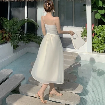Yeni varış moda kore yaz midi parti elbise kadınlar zarif şifon seksi askı backless beyaz basit plaj tatil elbisesi 4