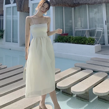 Yeni varış moda kore yaz midi parti elbise kadınlar zarif şifon seksi askı backless beyaz basit plaj tatil elbisesi 5