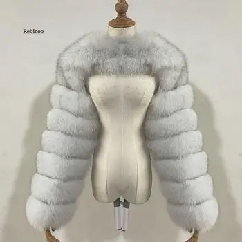 Süper kısa faux kürk ceket kadın sahte rakun kürk gümüş tilki kırmızı tilki kollu bayanlar moda doğal iki kollu