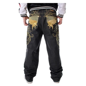 Erkek hiphop kot Gevşek artı büyük boy nakış kanatları baggy denim pantolon Erkek hip hop streetwear uzun pantolon