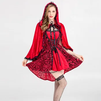 Cadılar bayramı Peri Masalı kırmızı başlıklı kız süslü elbise Seksi Mini Elbise Pelerin Seti Kıyafet Kostüm 0