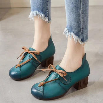 GKTINOO Retro Kadın Ayakkabı Pompaları Hakiki Deri Dantel-Up Rahat Yumuşak 2022 Yeni Bahar Sonbahar El Yapımı Özlü Bayan ayakkabıları