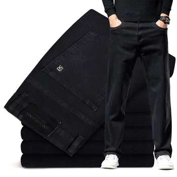 Klasik Tarzı Sonbahar ve Kış erkek Düz Siyah Düz bacak Kot İş Moda Streç Gevşek Kot Pantolon Erkek Marka