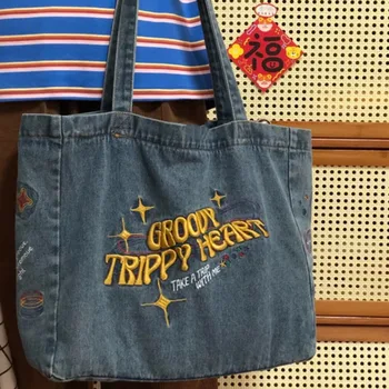 Retro Tote omuz çantaları Denim Kot Nakış Rahat Tasarımcı Serin Kadın Kız Öğrenci Büyük Kapasiteli alışveriş el çantaları 0