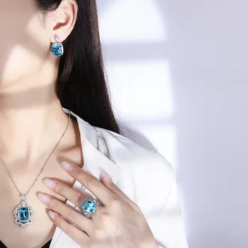 Retro Takılar 2022 Yeni 925 Ayar Gümüş Topaz Mavi Kristal Kolye Küpe Yüzük Seti kadın Takı Moda Yüksek Kaliteli Hediye 4