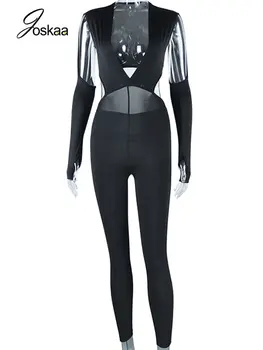 Joskaa Siyah Derin V Yaka Ayrılabilir Kollu Tulum Kadınlar Tek Parça Kıyafetler 2023 Seksi Backless Bodycon Tulum Gece Kulübü Kıyafetleri