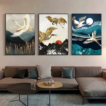 Çin Tarzı Altın Vinç Sanat tuval Boyama Güzel Hayvanlar Posterler ve Baskılar duvar Sanatı Resimleri ıçin Oturma Odası Hoom Dekor