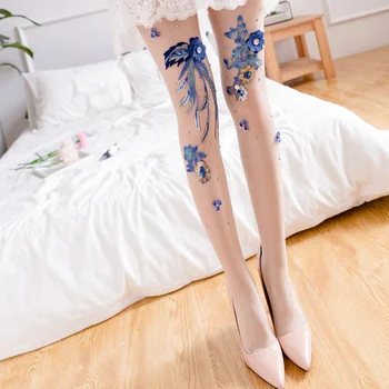 Kiraz Çiçeği Mavi Şeytan Ji tarzı tayt çorap Seksi külotlu ipek tığ işi nakış çiçek kadın uzun çorap 0