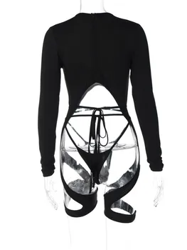 Hirigin Asimetrik Cut Out Romper Seksi Siyah Tulum 2023 Moda Kadın gece elbisesi Rave Kıyafet Festivali Giyim