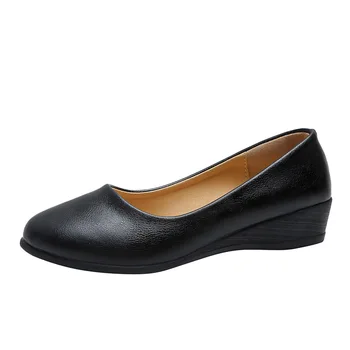 SIKETU Kadın Orta Topuk Ayakkabı Siyah Kadın Takozlar deri ayakkabı PU Deri Siyah Loafer'lar Ofis Bayan Pompaları Yuvarlak Kafa Ayakkabı Yumuşak 2