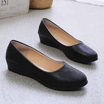 SIKETU Kadın Orta Topuk Ayakkabı Siyah Kadın Takozlar deri ayakkabı PU Deri Siyah Loafer'lar Ofis Bayan Pompaları Yuvarlak Kafa Ayakkabı Yumuşak 5