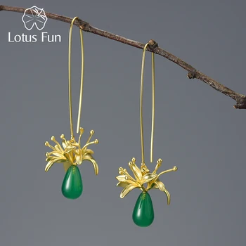 Lotus Eğlenceli Doğal Taş Uzun Sıradışı Kırmızı Örümcek zambak çiçeği Dangle Küpe Kadınlar için 925 Ayar Gümüş Lüks Güzel Takı 4