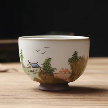 Butik Ru Fırın Seramik Çay Fincanı Seyahat Meditasyon Fincan El Boyalı Manzara Sanat Çay Kase Pu'er Ana Fincan çay seti Aksesuarları 0