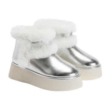 Kadın ayakkabısı 2022 Yeni Moda Sonbahar Kış sıcak Kar Botları Takozlar Med Topuklu Platformu Siyah Gümüş Kürk Deri yarım çizmeler 42 0