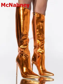 Lazer Katı Altın Çizmeler Diz Yüksek Sivri Burun Kadın Ayakkabı Stiletto Topuk Bling Yan Fermuar Çizmeler Bahar Seksi Pist Ayakkabı Moda