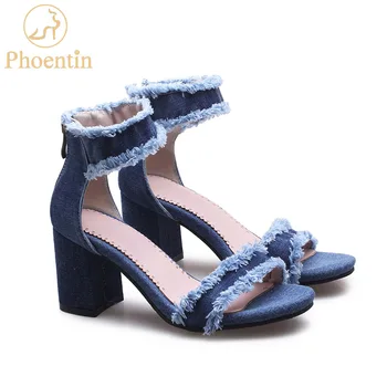 Phoentin denim sandalet 2020 kadınlar için ayak bileği wrap kadın sandalet 2019 yaz fermuarlı kare yüksek topuklu mavi kadın ayakkabı FT401