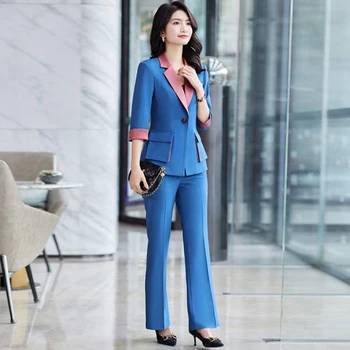 High End Profesyonel Takım Elbise Ofis Kadın Blazer 2 Parça Set 2022 Yeni Moda Büyük Cep Kadın Ceket Rahat Alevlendi Pantolon