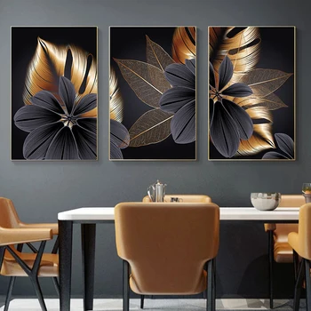 Sanat Boyama İskandinav Oturma Odası Dekorasyon Resim Siyah Altın Bitki Yaprak Tuval Poster Baskı Modern Ev Dekor Soyut Duvar
