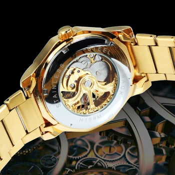 KAZANAN Kraliyet Şeffaf iskelet İzle Erkekler için Otomatik Mekanik Altın Saatler Gravür Hareketi Paslanmaz Çelik Kayış Hediye