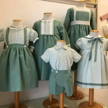 2023 İspanyolca Bebek Giysileri Çocuk Kardeş Kardeş Eşleşen Kıyafet Erkek 2 Adet Set Küçük Kız İspanyolca Elbise Kızlar Yeşil Etek Takım Elbise 0