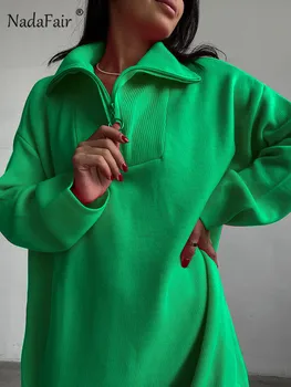 Nadafair Zip Up Yaka Gevşek Büyük Boy Kazak Kış Uzun Kollu Kadın 2022 Sonbahar Örme Kazak Elbiseler Yeşil Kazak Y2K 1