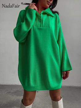 Nadafair Zip Up Yaka Gevşek Büyük Boy Kazak Kış Uzun Kollu Kadın 2022 Sonbahar Örme Kazak Elbiseler Yeşil Kazak Y2K 4